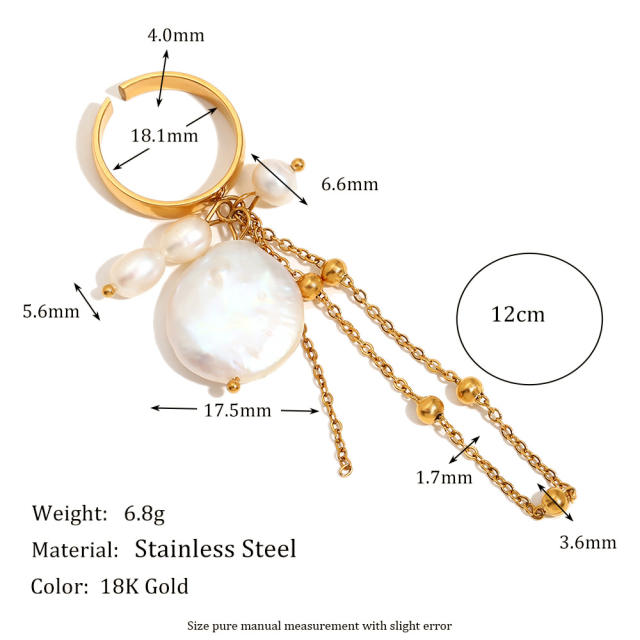 Boho baroque pearl chain tassel stainless steel finger rings