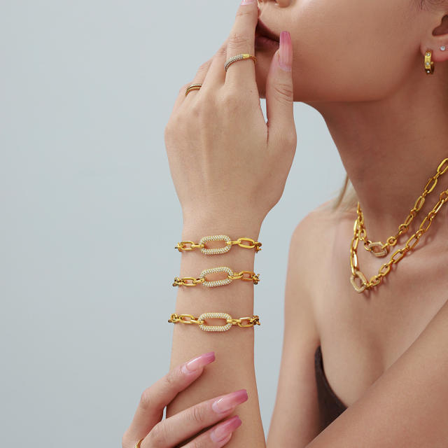 Delicate stainless steel paperclip chain diamond necklace bracelet set