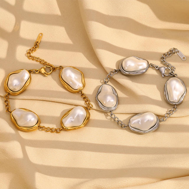18KG baroque pearl stainless steel boho bracelet