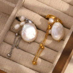 Boho baroque pearl chain tassel stainless steel finger rings