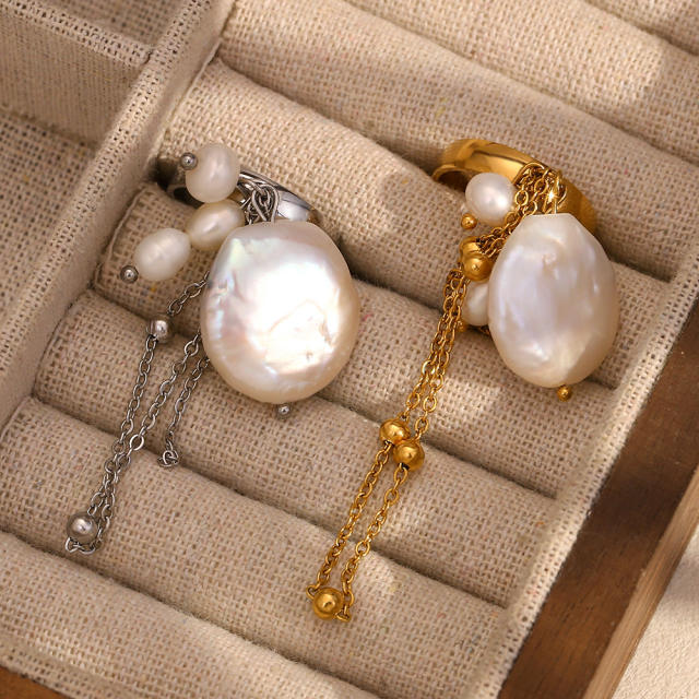 Boho baroque pearl chain tassel stainless steel finger rings