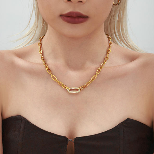 Delicate stainless steel paperclip chain diamond necklace bracelet set