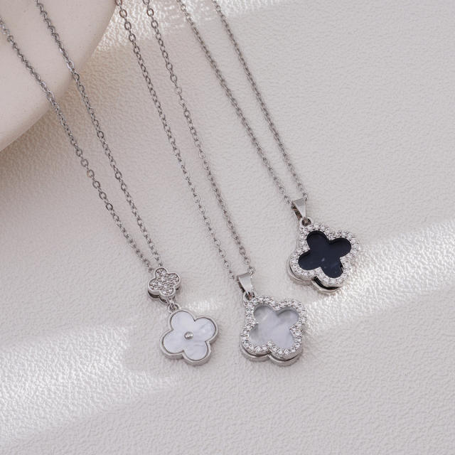Dainty four leaf petal flower clover pendant stainless steel chain necklace