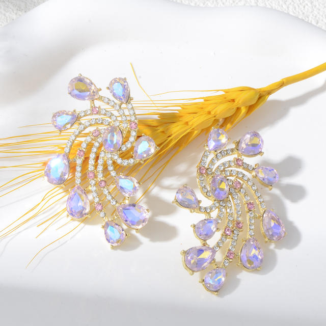 Luxury colorful glass crystal statement flower shape big earrings