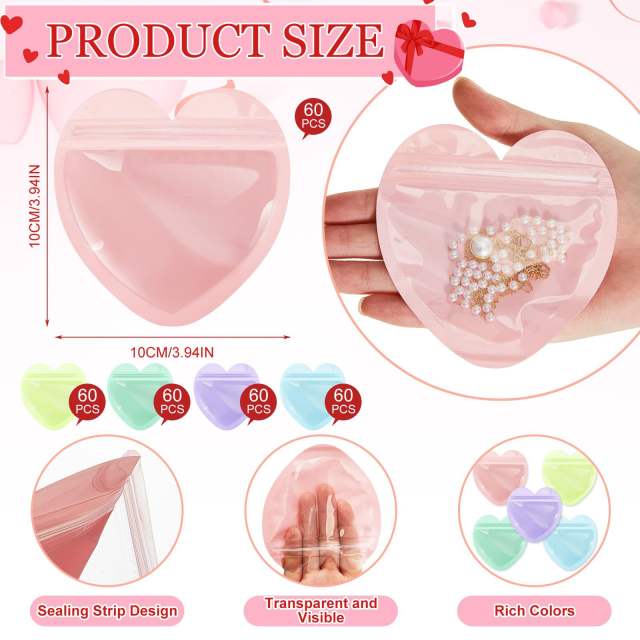 Color PVC Heart-Shaped Jewelry Small Bag Cute heart shape Ziplock Bags jewelry accessory