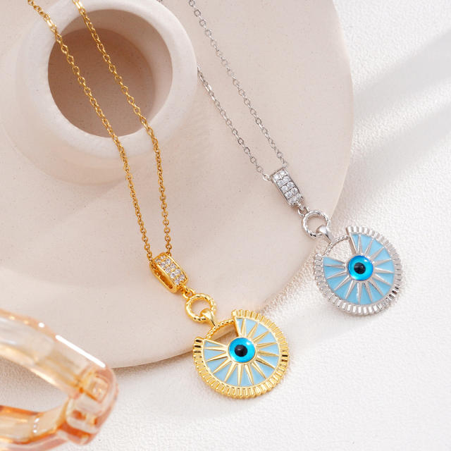 Vintage light blue enamel evil eye pendant stainless steel chain necklace