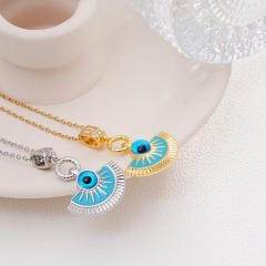 Dainty blue enamel fan shape evil eye pendant stainless steel chain necklace