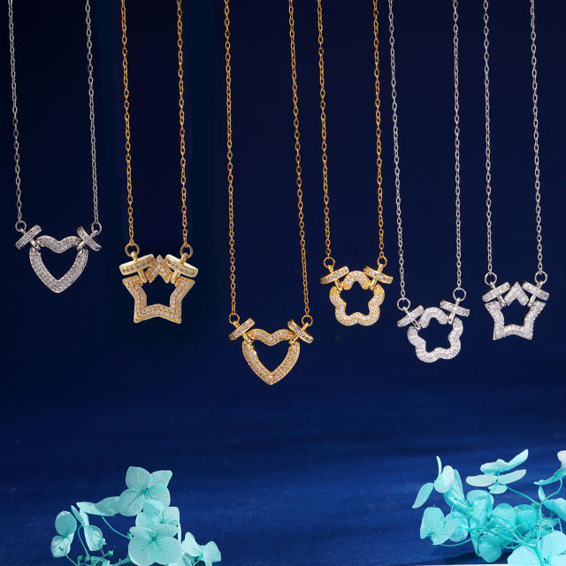 Delicate full diamond star flower hollow pendant stainless steel chain necklace