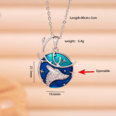 Blue color enamel moon star locket pendant stainless steel chain necklace