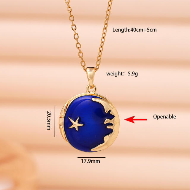 Blue color enamel moon star locket pendant stainless steel chain necklace