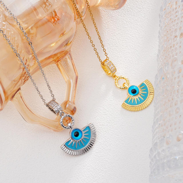 Dainty blue enamel fan shape evil eye pendant stainless steel chain necklace