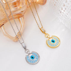 Vintage light blue enamel evil eye pendant stainless steel chain necklace
