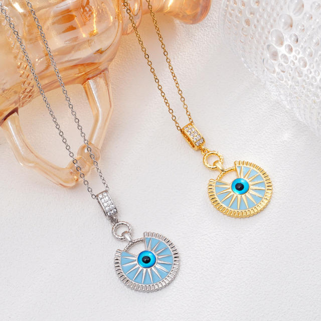 Vintage light blue enamel evil eye pendant stainless steel chain necklace