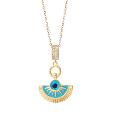 Dainty blue enamel fan shape evil eye pendant stainless steel chain necklace