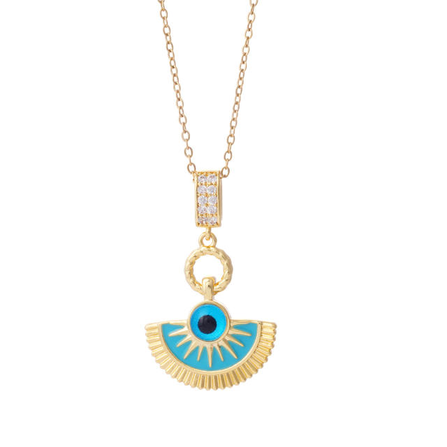 Dainty blue enamel fan shape evil eye pendant stainless steel chain necklace