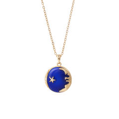 Blue color enamel moon star locket pendant stainless steel chain necklace