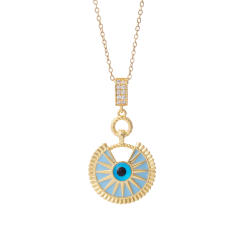 Vintage light blue enamel evil eye pendant stainless steel chain necklace