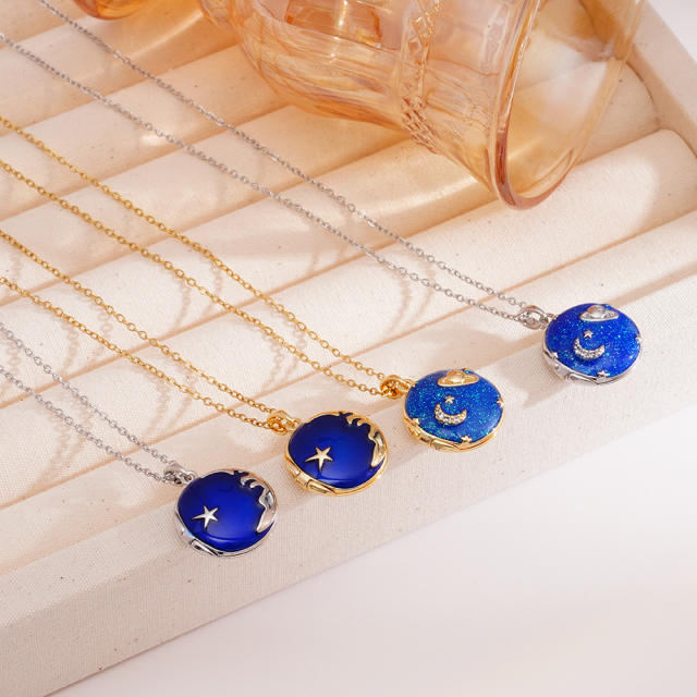Blue color enamel moon star locket pendant stainless steel chain necklace