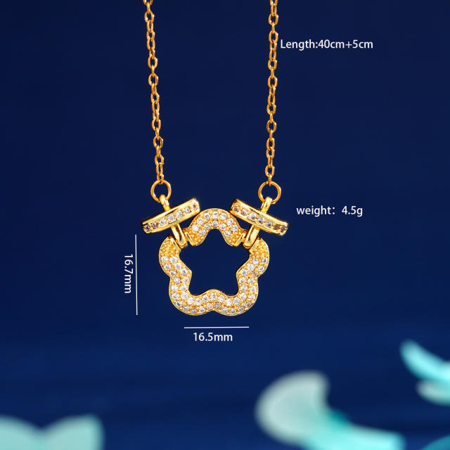 Delicate full diamond star flower hollow pendant stainless steel chain necklace