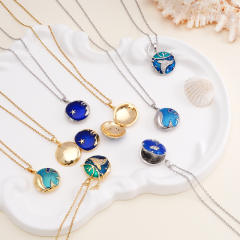 Blue color enamel moon star locket pendant stainless steel chain necklace