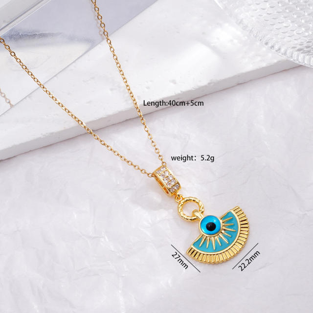 Dainty blue enamel fan shape evil eye pendant stainless steel chain necklace