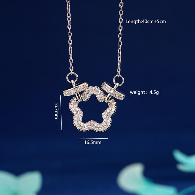 Delicate full diamond star flower hollow pendant stainless steel chain necklace