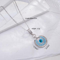 Vintage light blue enamel evil eye pendant stainless steel chain necklace