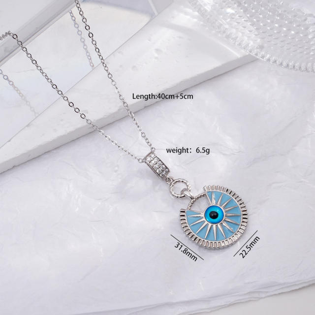 Vintage light blue enamel evil eye pendant stainless steel chain necklace