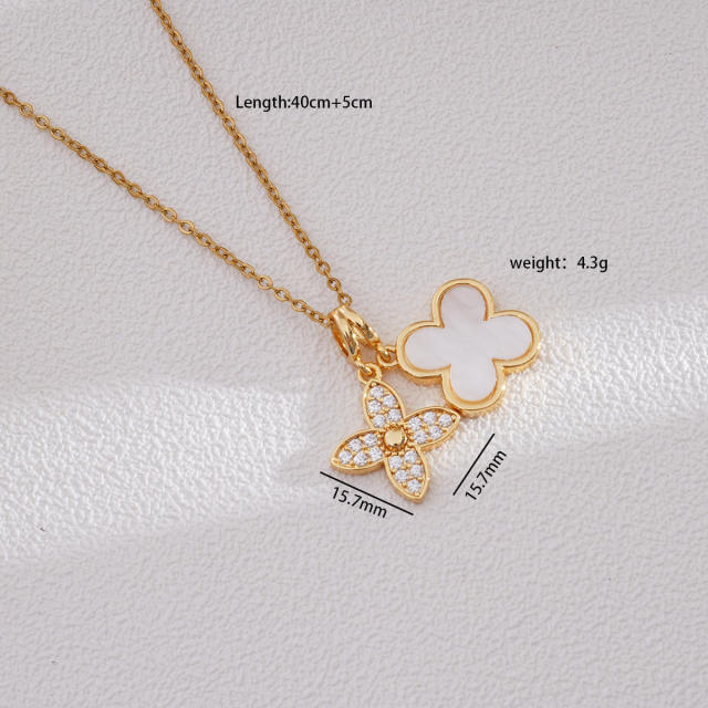 Dainty four leaf petal flower clover pendant stainless steel chain necklace