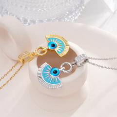 Dainty blue enamel fan shape evil eye pendant stainless steel chain necklace