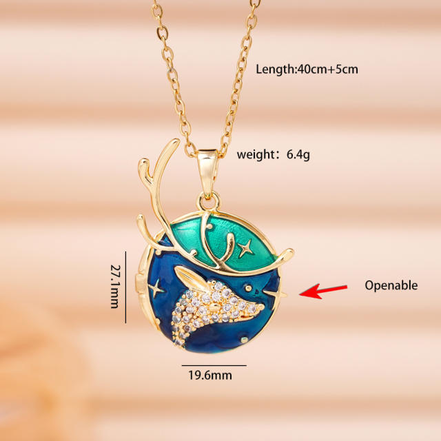 Blue color enamel moon star locket pendant stainless steel chain necklace