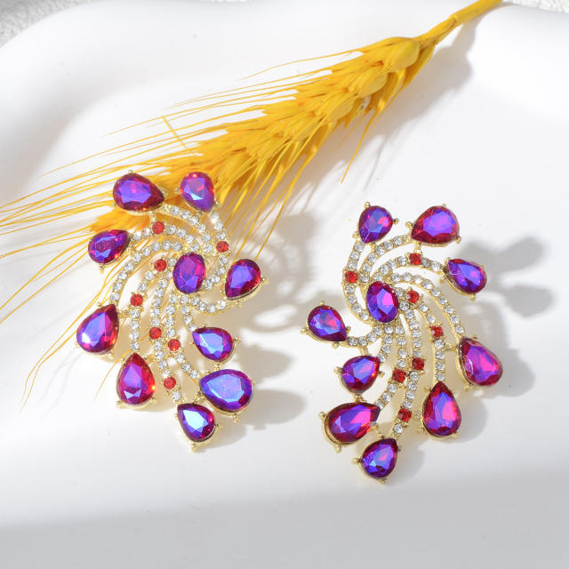 Luxury colorful glass crystal statement flower shape big earrings