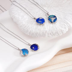 Blue color enamel moon star locket pendant stainless steel chain necklace