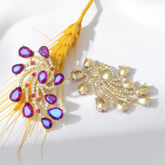 Luxury colorful glass crystal statement flower shape big earrings