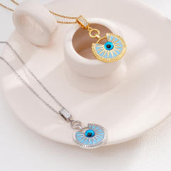 Vintage light blue enamel evil eye pendant stainless steel chain necklace