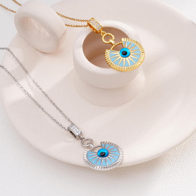 Vintage light blue enamel evil eye pendant stainless steel chain necklace