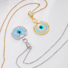Vintage light blue enamel evil eye pendant stainless steel chain necklace