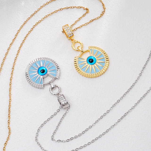 Vintage light blue enamel evil eye pendant stainless steel chain necklace