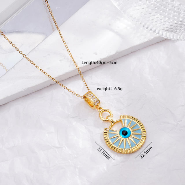 Vintage light blue enamel evil eye pendant stainless steel chain necklace
