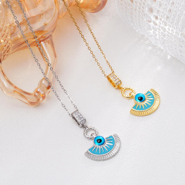 Dainty blue enamel fan shape evil eye pendant stainless steel chain necklace