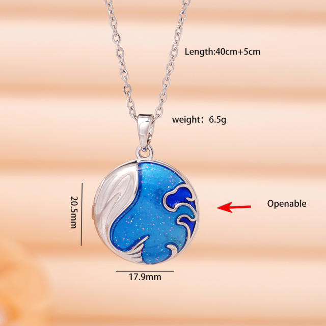 Blue color enamel moon star locket pendant stainless steel chain necklace