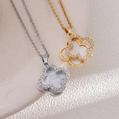 Dainty four leaf petal flower clover pendant stainless steel chain necklace