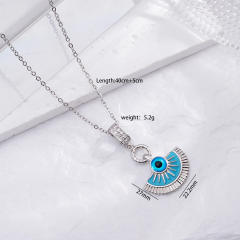 Dainty blue enamel fan shape evil eye pendant stainless steel chain necklace