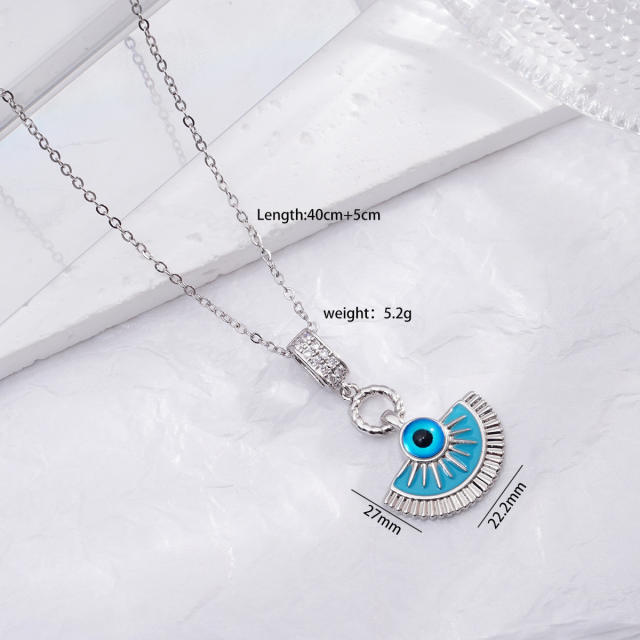 Dainty blue enamel fan shape evil eye pendant stainless steel chain necklace