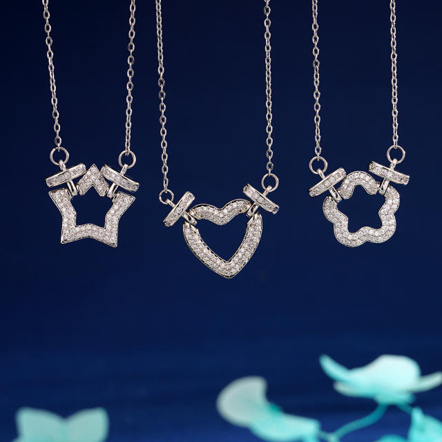 Delicate full diamond star flower hollow pendant stainless steel chain necklace