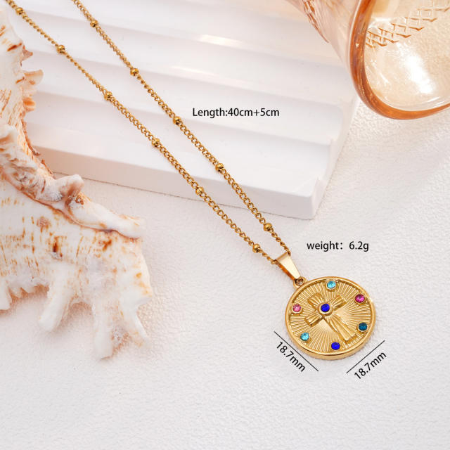 Vintage rainbow cz statement round coin pendant stainless steel chain necklace