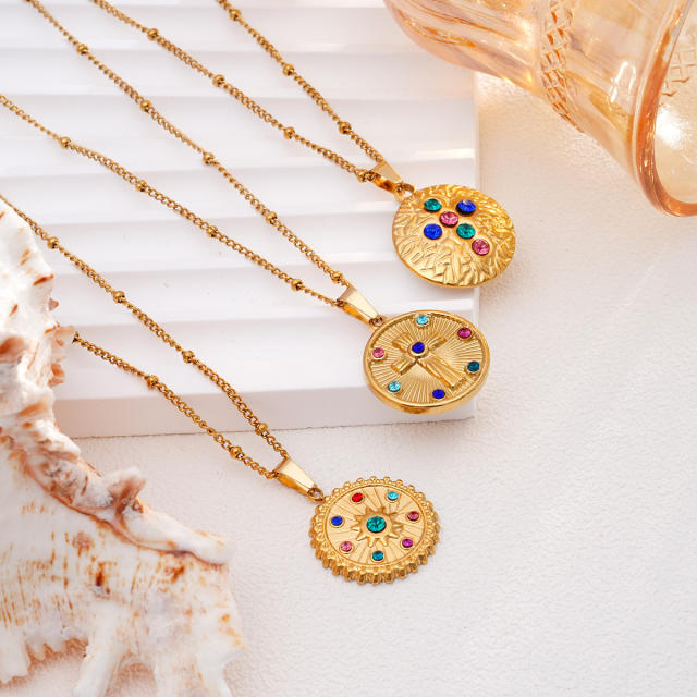 Vintage rainbow cz statement round coin pendant stainless steel chain necklace