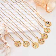 Vintage rainbow cz statement round coin pendant stainless steel chain necklace