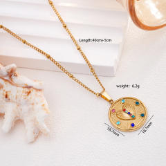 Vintage rainbow cz statement round coin pendant stainless steel chain necklace