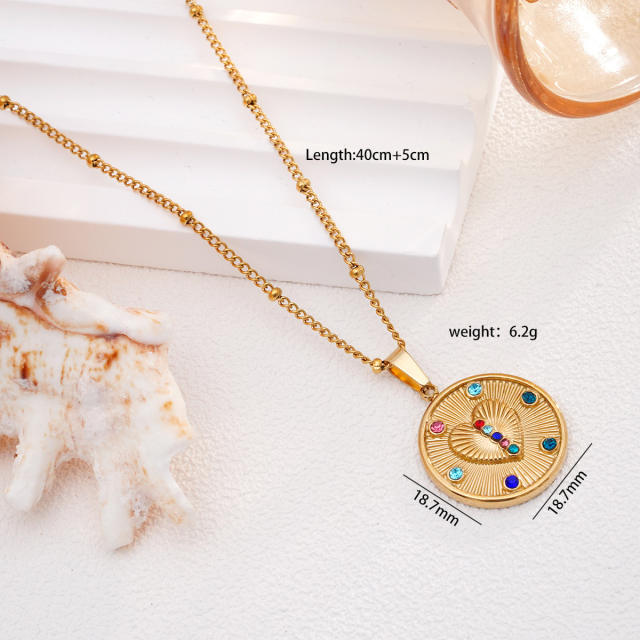 Vintage rainbow cz statement round coin pendant stainless steel chain necklace